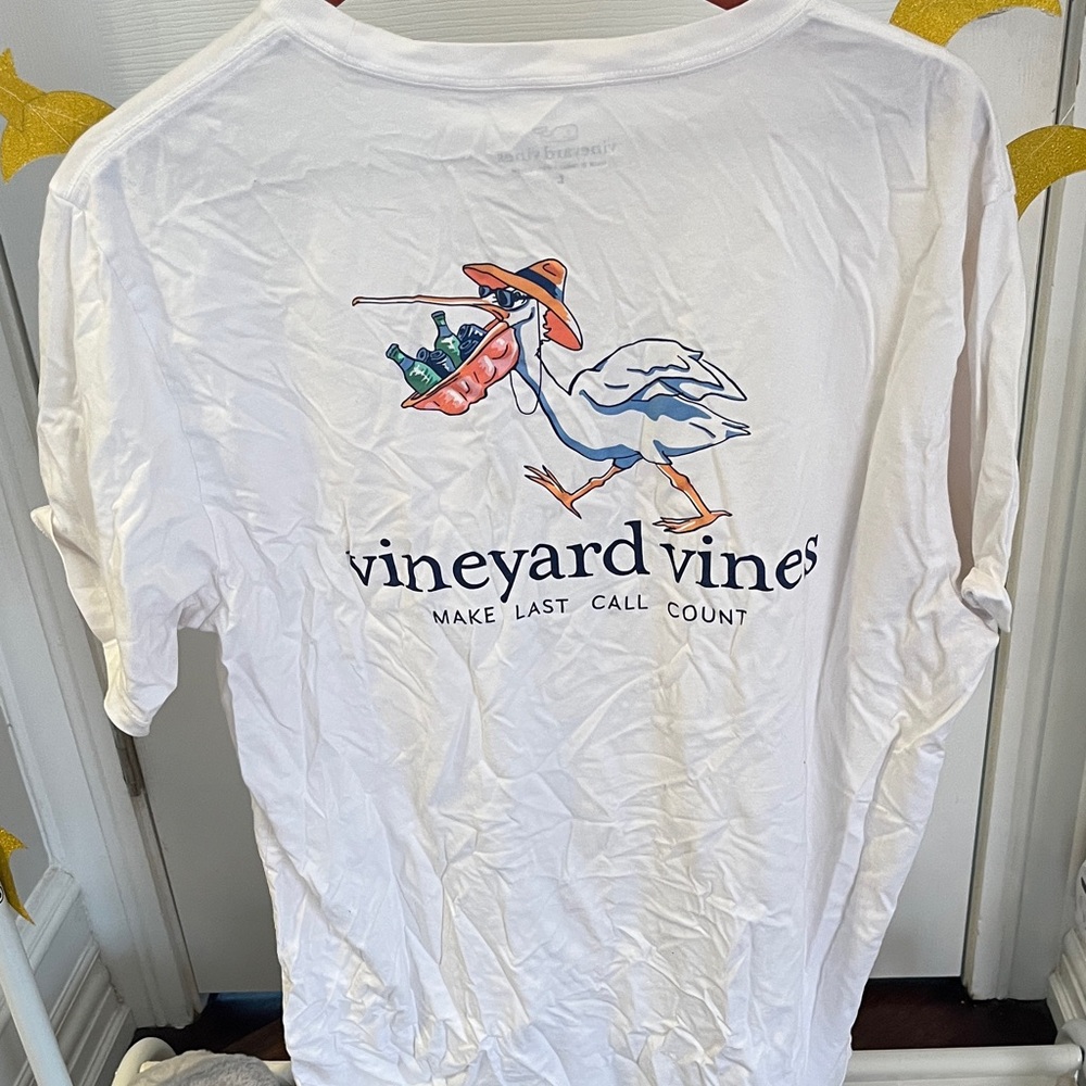 Vineyard Vines White Tee with Stork Graphic “Make Last Call Count”